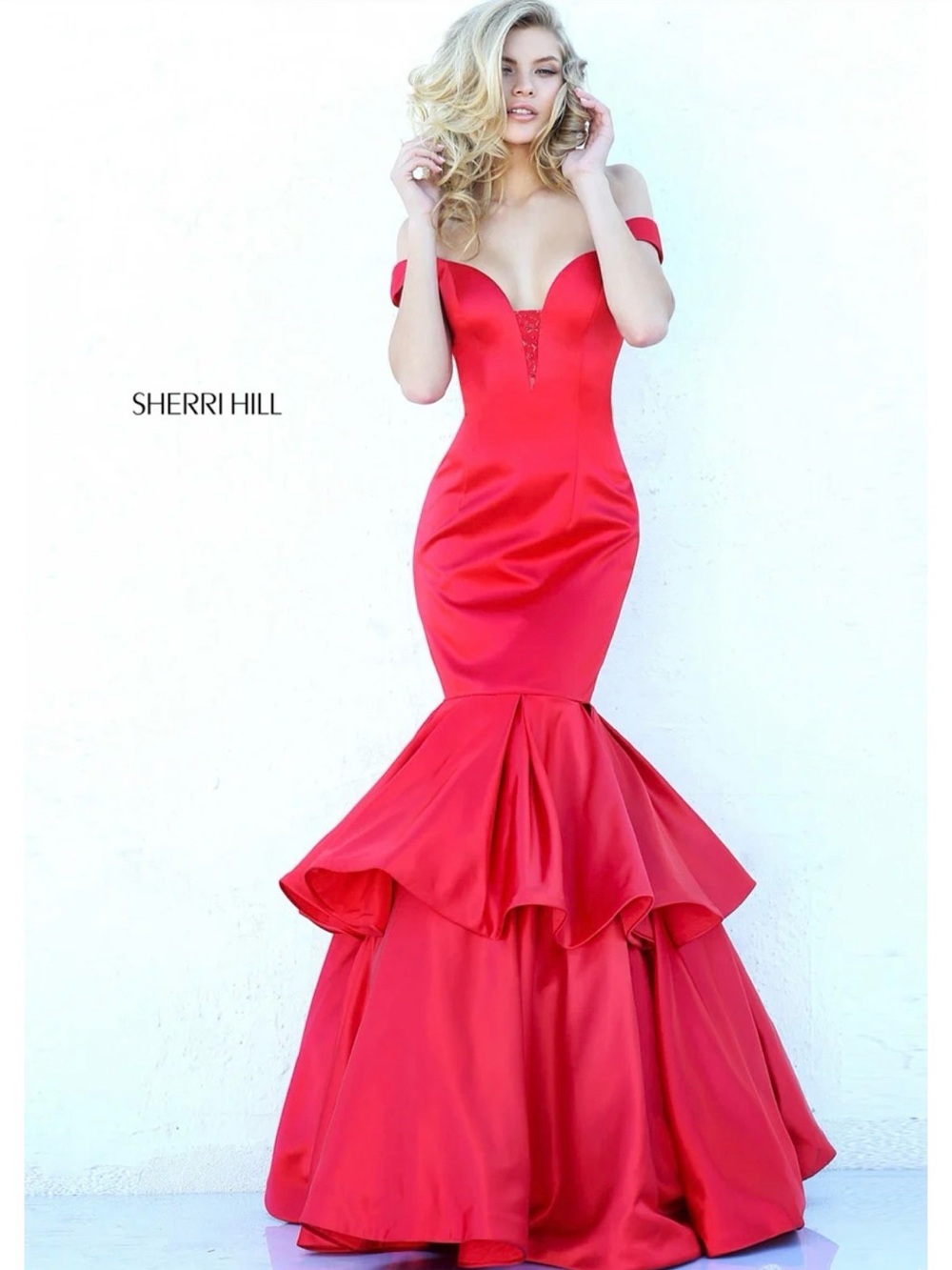 Sherri Hill 50733 Vibrant Red Off-Shoulder Mermaid Gown, Size 2